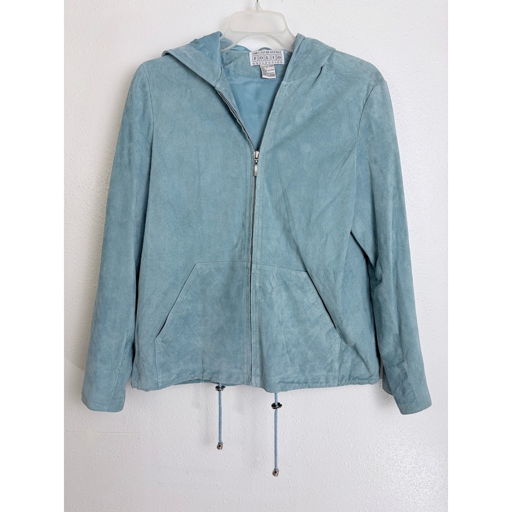 Saks Fifth Avenue Folio Collection Leather Hoodie Blue Zip Up Jacket Size M